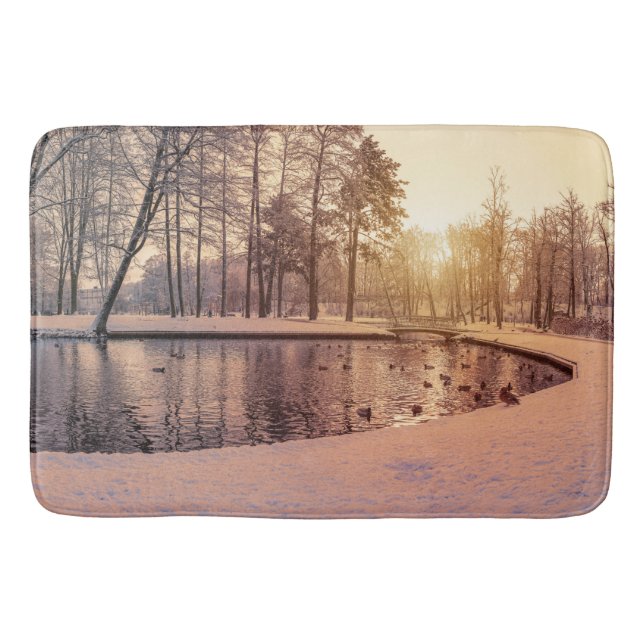 Sunset over park with small frosty lake bath mat (Front)