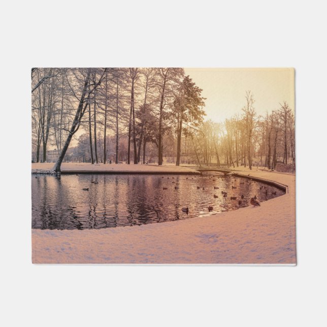 Sunset over park with small frosty lake doormat (Front)