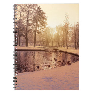 Sunset over park with small frosty lake notebook