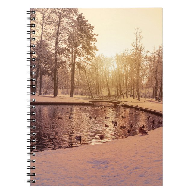 Sunset over park with small frosty lake notebook (Front)