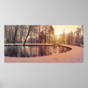 Sunset over park with small frosty lake poster