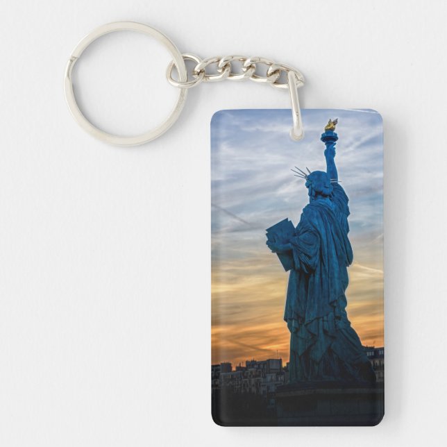 Sunset over Replica of the Liberty Statue in Paris Key Ring (Front)