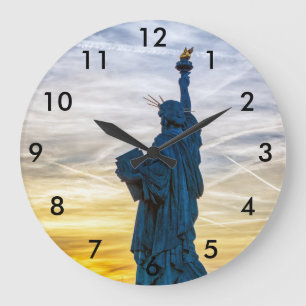 Sunset over Replica of the Liberty Statue in Paris Large Clock