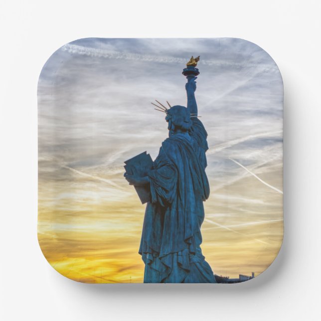 Sunset over Replica of the Liberty Statue in Paris Paper Plate (Front)