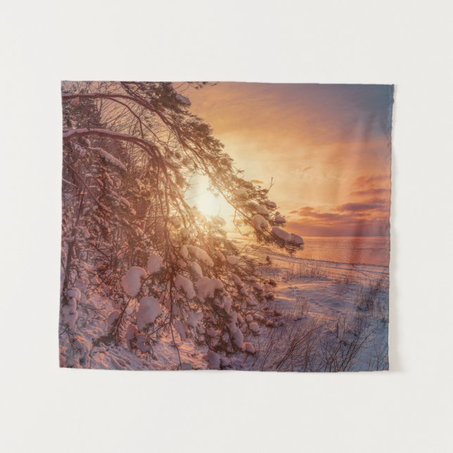 Sunset over sea and snowy pine tree tapestry (Front (Horizontal))