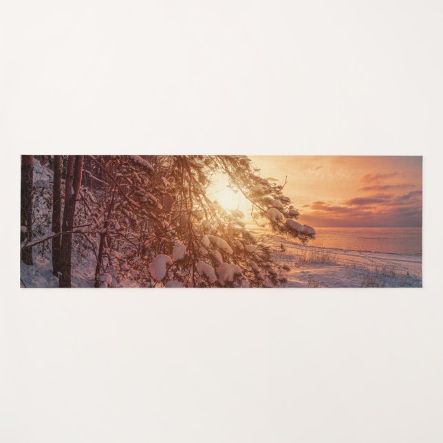 Sunset over sea and snowy pine tree yoga mat (Front (Horizontal))