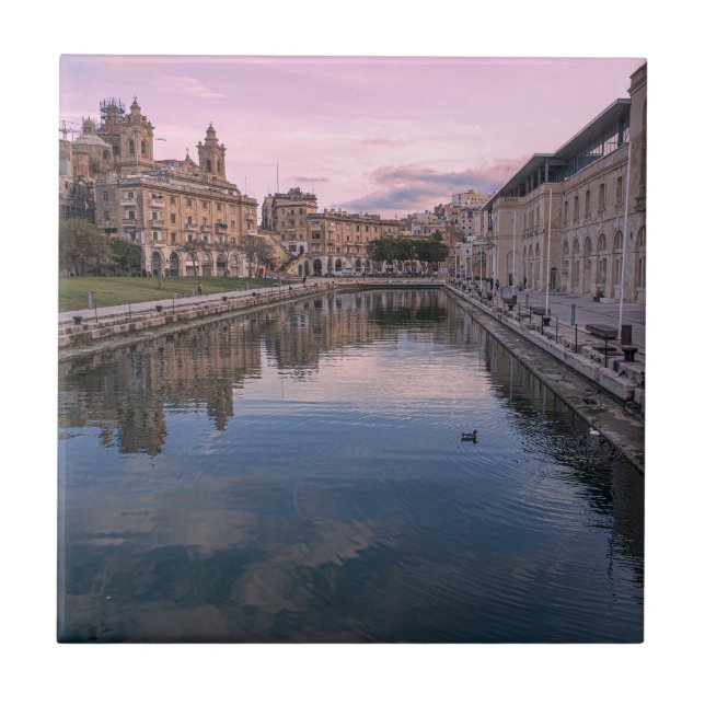 Sunset over small canal in Cospicua, Malta Ceramic Tile (Front)