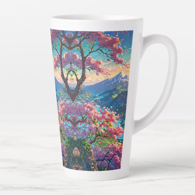 Sunset Over Snow Capped Mountain and Blossoming Latte Mug (Right)
