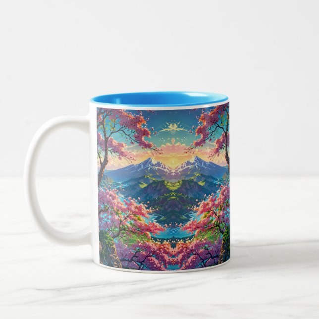 Sunset Over Snow Capped Mountain and Blossoming Two-Tone Coffee Mug (Left)