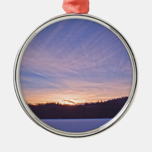 Sunset over Snow-covered Winter Lake & Trees Metal Tree Decoration (Front)