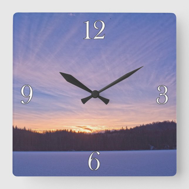 Sunset over Snow-covered Winter Lake & Trees Square Wall Clock (Front)