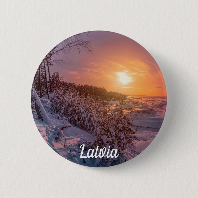 Sunset over snow sea coast 6 cm round badge (Front)
