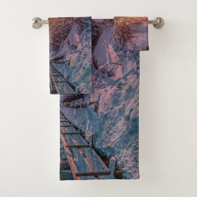 Sunset over snow sea coast bath towel set (Insitu)