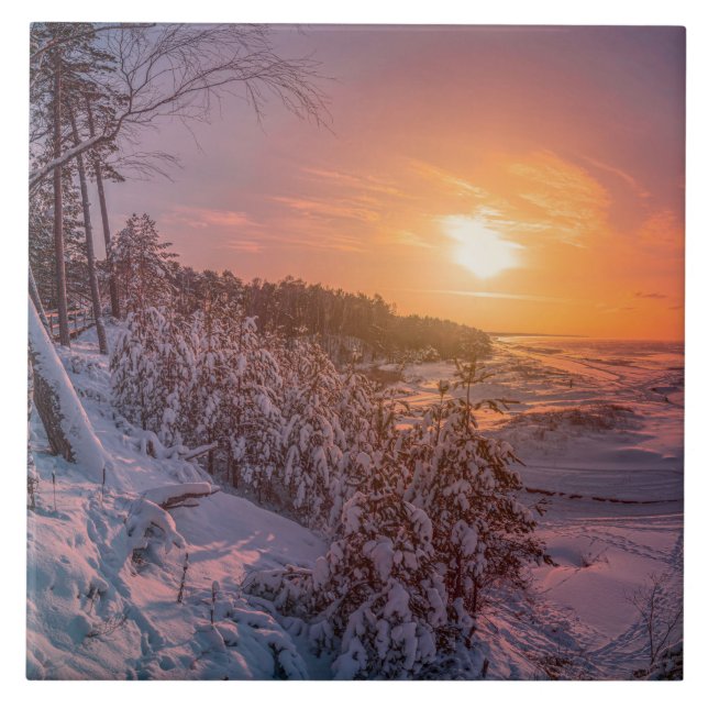 Sunset over snow sea coast ceramic tile (Front)