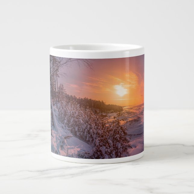 Sunset over snow sea coast large coffee mug (Front)