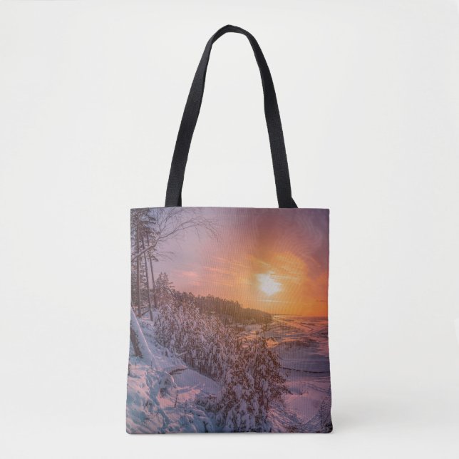 Sunset over snow sea coast tote bag (Front)