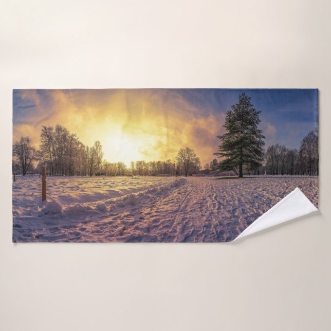 Sunset over snowy winter park bath towel (Bath Towel)