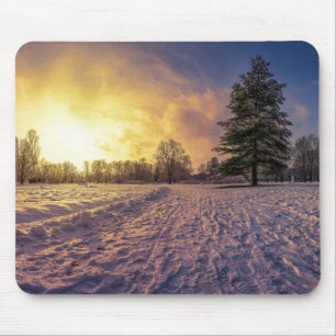 Sunset over snowy winter park mouse pad