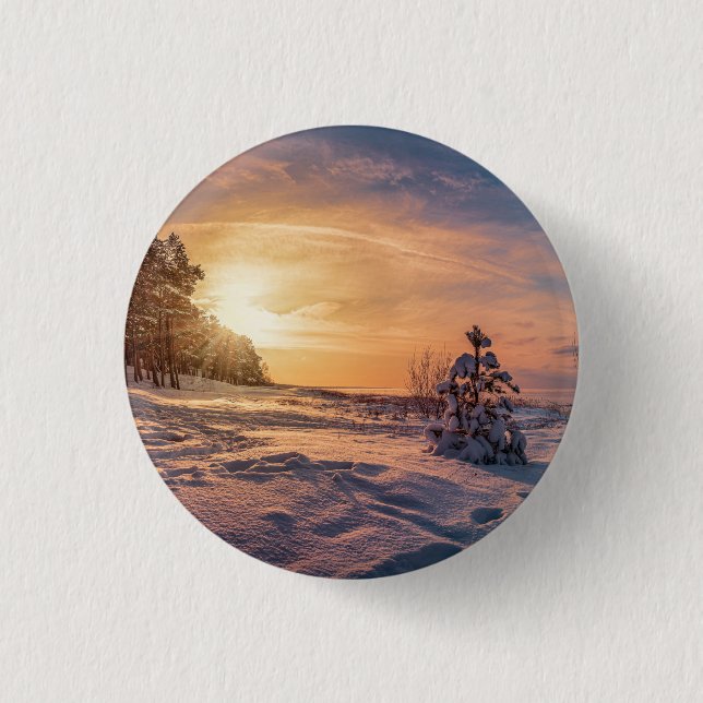 Sunset over snowy winter sea coast 3 cm round badge (Front)
