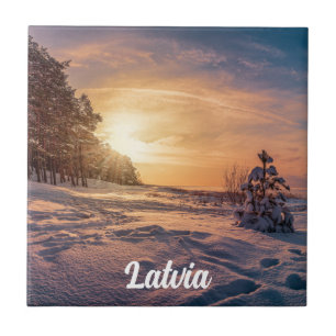 Sunset over snowy winter sea coast ceramic tile