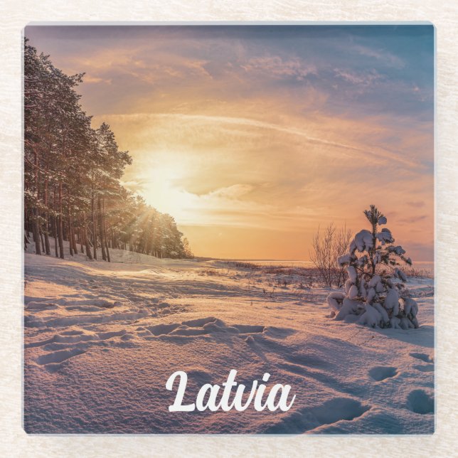 Sunset over snowy winter sea coast glass coaster (Front)