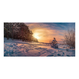 Sunset over snowy winter sea coast photo print