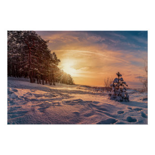Sunset over snowy winter sea coast poster