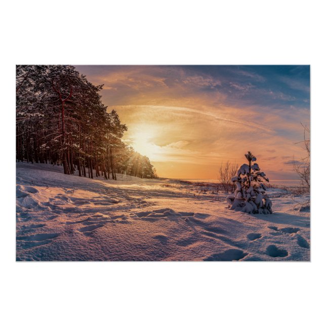 Sunset over snowy winter sea coast poster (Front)