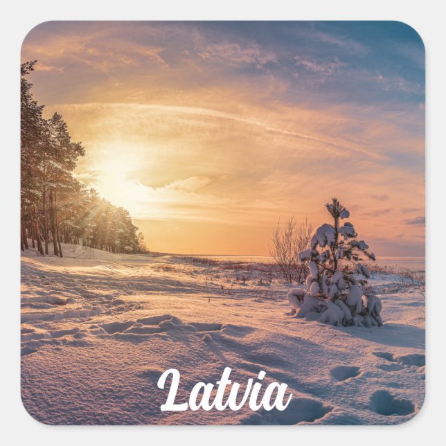 Sunset over snowy winter sea coast square sticker (Front)