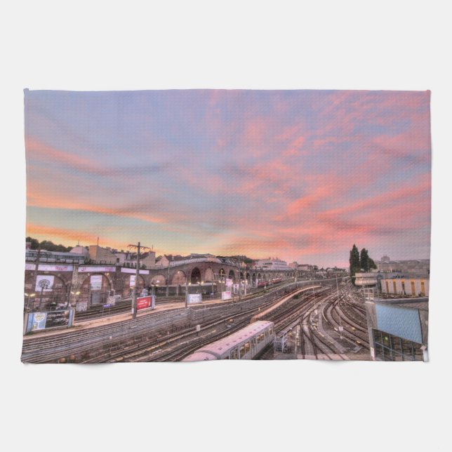 Sunset Over Spittelau, Vienna Austria Tea Towel (Horizontal)