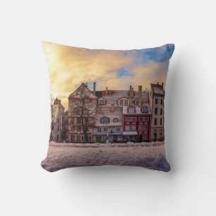 Sunset over street in Riga Cushion