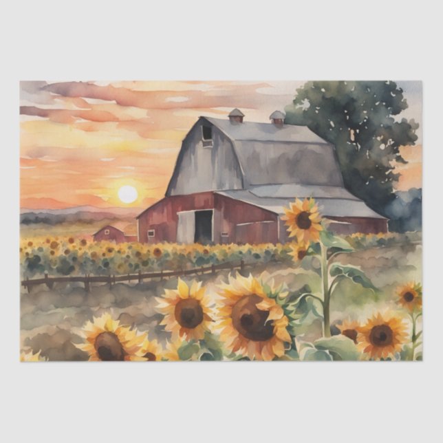 Sunset Over Sunflower Fields watercolor Decoupage  Tissue Paper (Front)