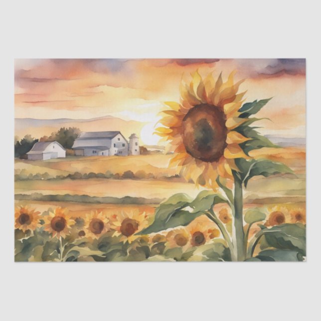 Sunset Over Sunflower Fields watercolor Decoupage  Tissue Paper (Front)