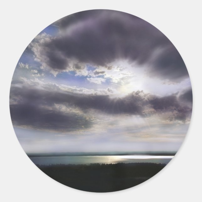 Sunset over the lake classic round sticker (Front)