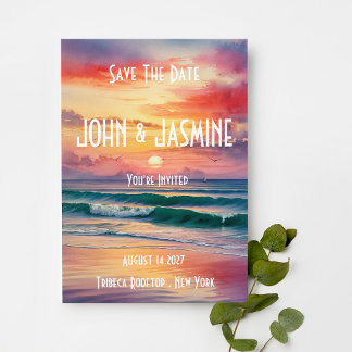 Sunset Over The Sea Weeding Save The Date Invitation