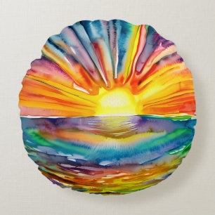 Sunset over  the Water Reflection   Watercolor Art Round Cushion