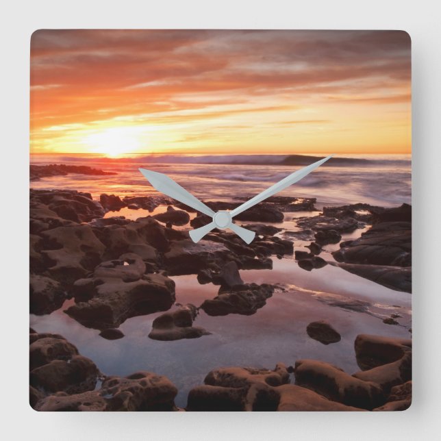 Sunset Over Tide Pools Square Wall Clock (Front)