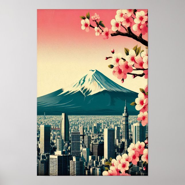 Sunset Over Tokyo with Cherry Blossoms Poster (Front)