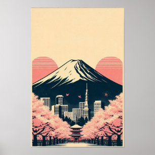 Sunset Over Tokyo with Cherry Blossoms Poster