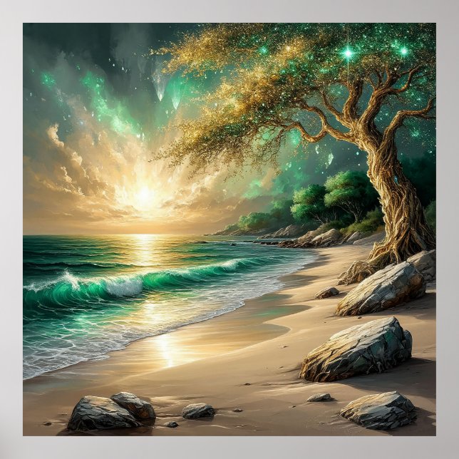 Sunset Over Tranquil Beach with Mystical Tree Poster (Front)