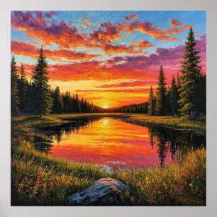 Sunset Over Tranquil Forest River Poster