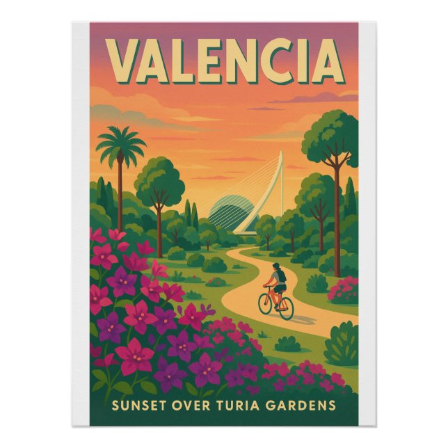 Sunset over Turia Gardens – Valencia Retro 2025 Poster (Front)