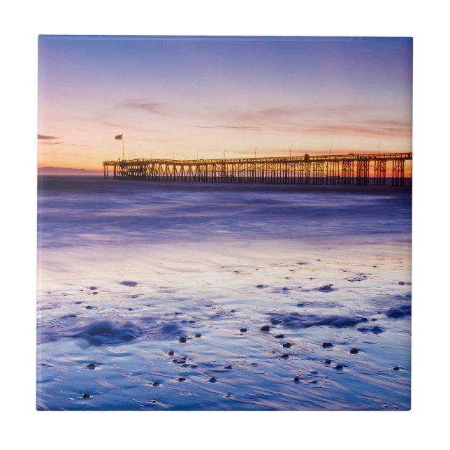 Sunset Over Ventura Pier And Beach Ceramic Tile (Front)