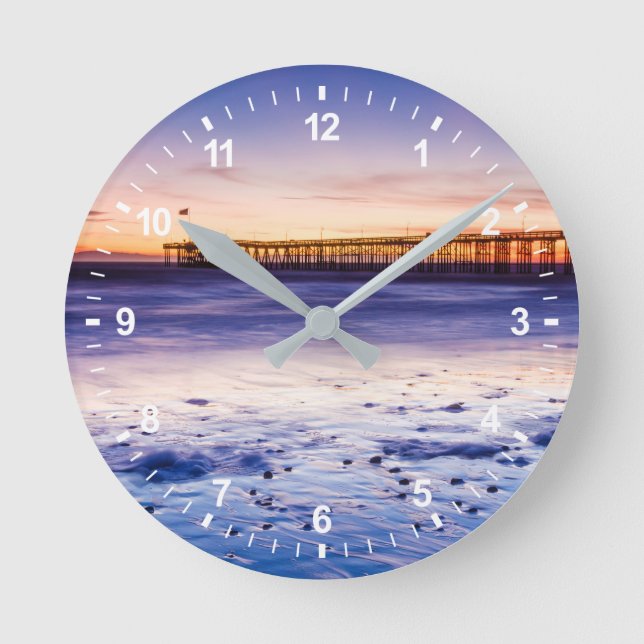 Sunset Over Ventura Pier And Beach Round Clock (Front)