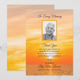 Sunset over Water Funeral Memorial Thank You Cards