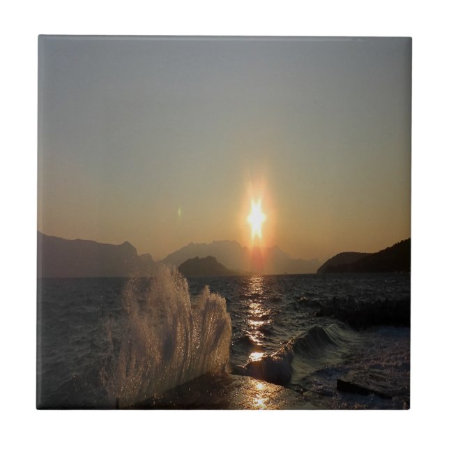Sunset Over Waves in Croatia Coastline Ceramic Tile (Front)