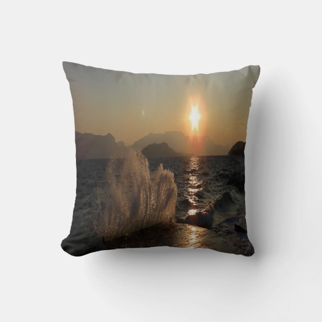 Sunset Over Waves in Croatia Coastline Cushion (Front)