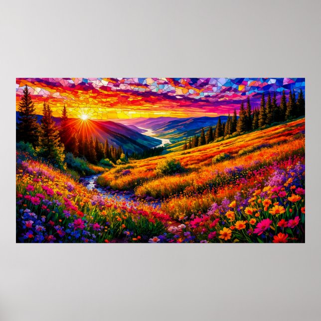 Sunset Over Wildflower Meadow 🌅 Colourful Mosaic Poster (Front)