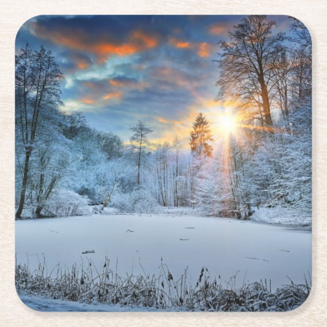 Sunset Over Winter Forest Lake Square Paper Coaster (Front)