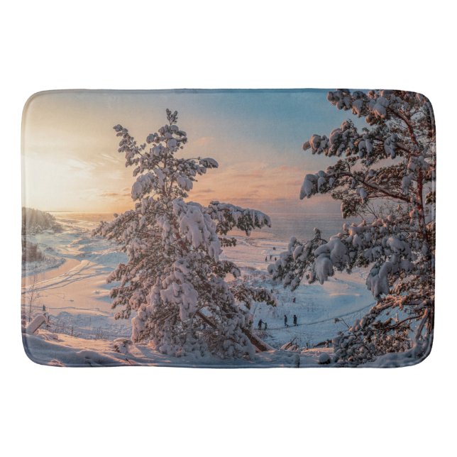 Sunset over winter snowy sea coast bath mat (Front)